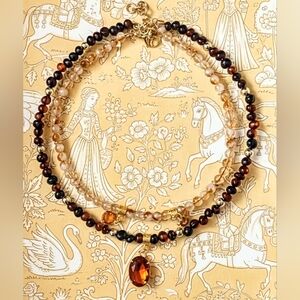11 Carats Natural Whiskey Citrine & Baltic Amber Two Strand Choker Necklace